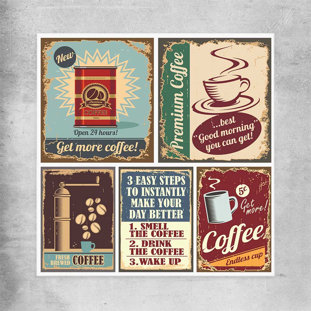 Vintage Coffee Collection rolled print is a colourful and stylish canvas wall art and print suited for the kitchen area