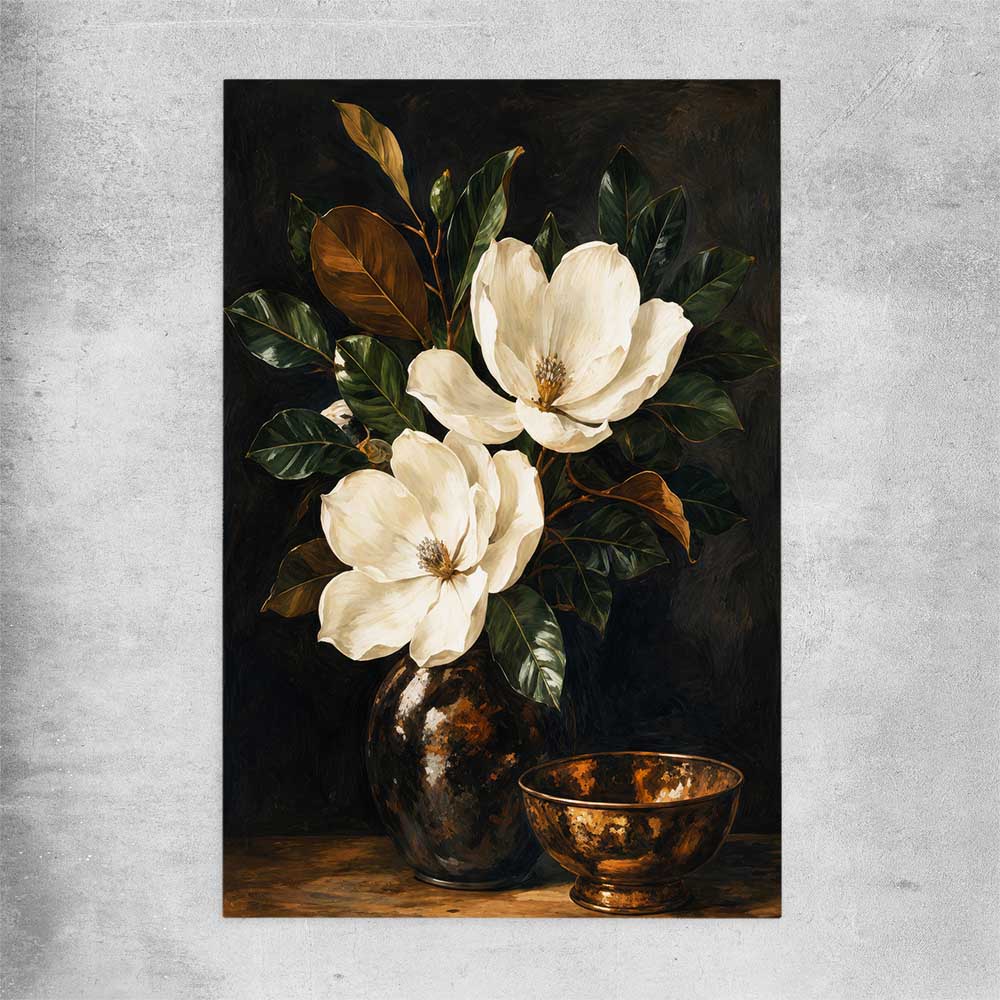 Floral print of Midnight Magnolia on a rolled print