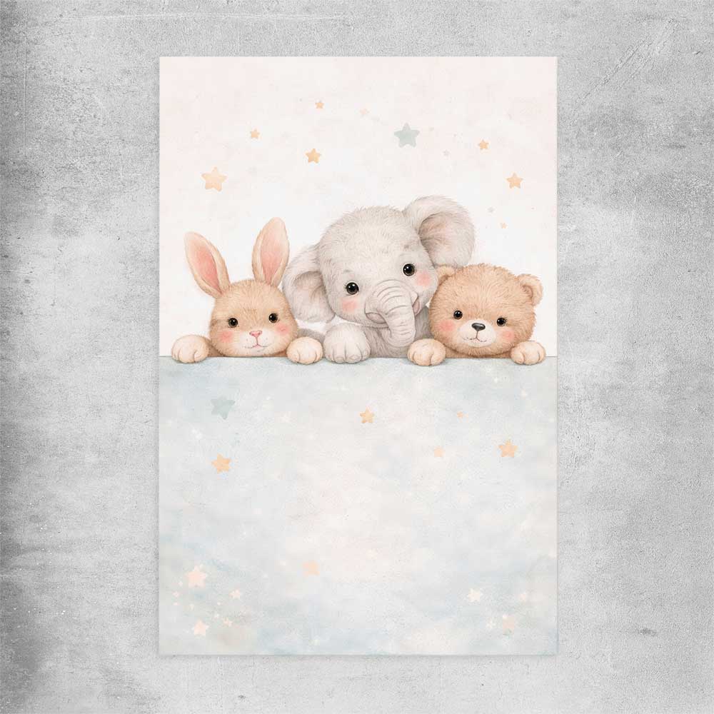 Baby Animal Trio rolled print is a nursery canvas wall art and print suited for childrens nursery area