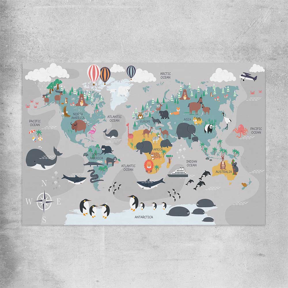 Cartoon World Map rolled print is a nursery canvas wall art and print suited for childrens nursery area