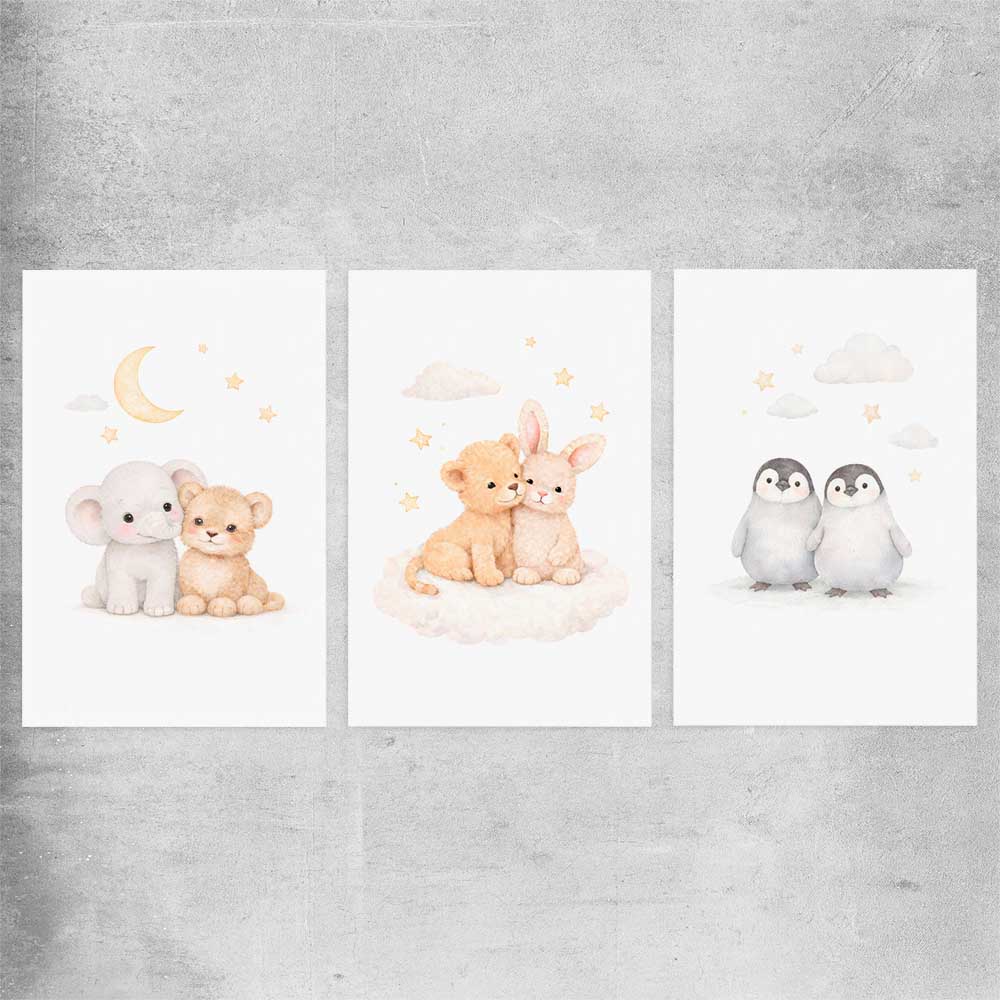 Moonlight Companions Set rolled print is a nursery canvas wall art and print suited for childrens nursery area