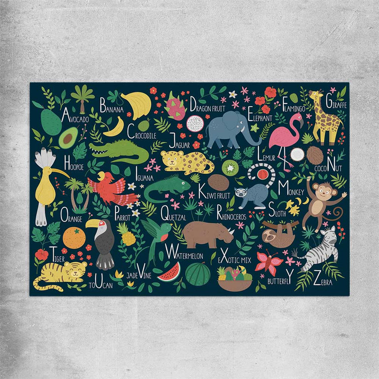 Tropical Alphabet rolled print is a nursery canvas wall art and print suited for childrens nursery area