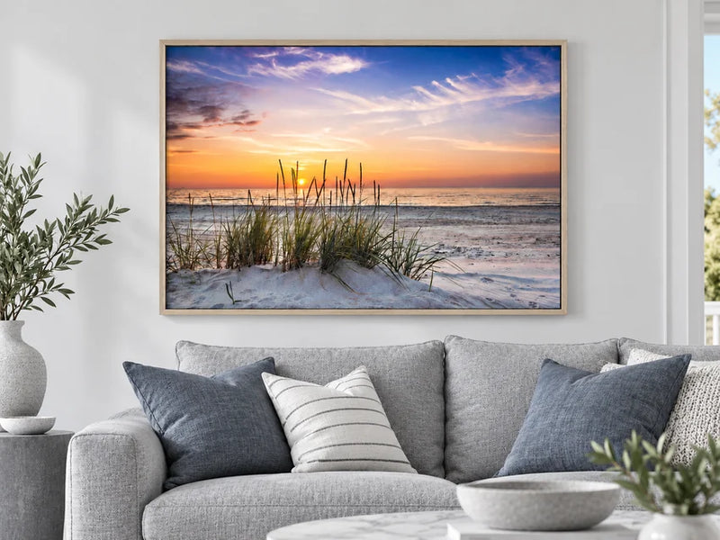 Calming Sunset wall art in a styled room, from the Printivart Beach & Coastal collection