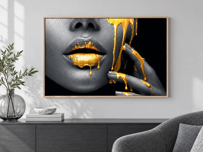 Golden Desire wall art in a styled room, from the Printivart Lips collection