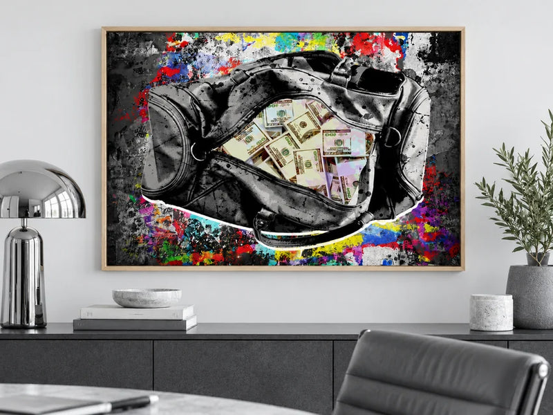 Cash Duffel wall art in a styled room, from the Printivart Money collection