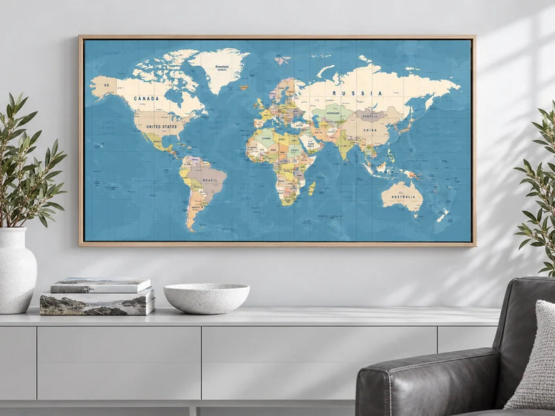 World Map wall art in a styled room, from the Printivart Travel collection